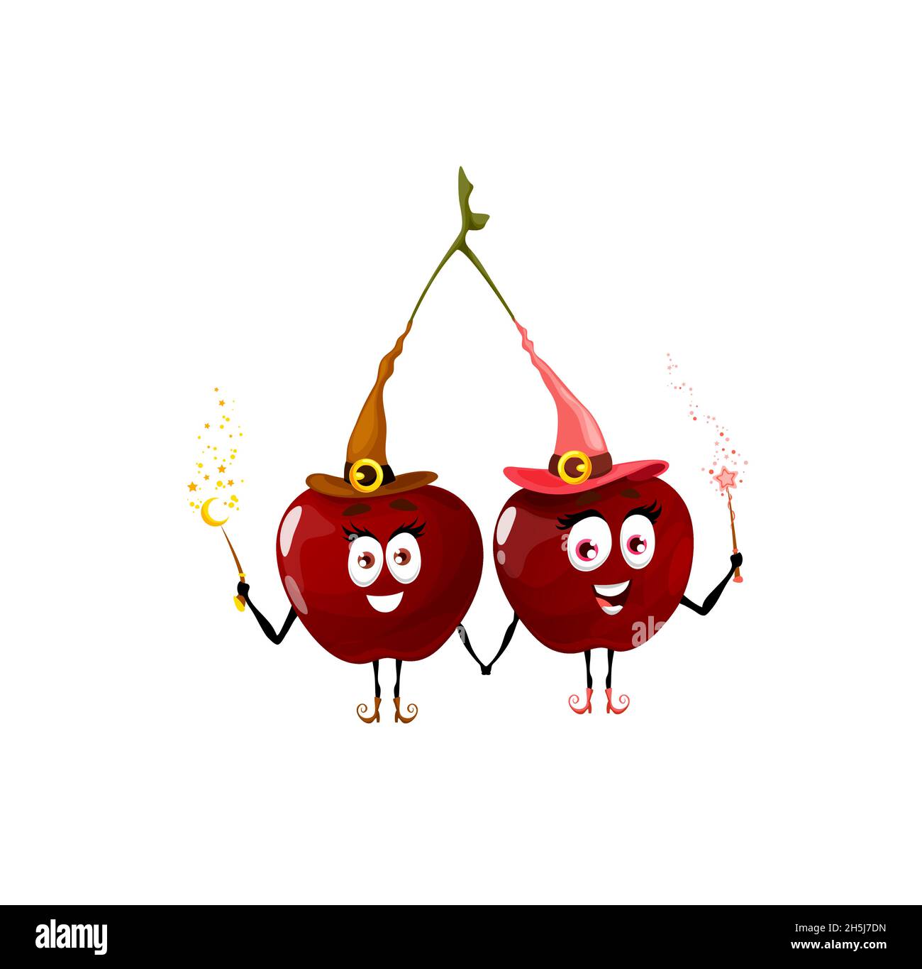 Mellizos de cereza de hadas, wizard berry y brujo frutas carácter de dibujos animados, icono de vector. Divertida y linda comida para niños, cerezas sonrientes con varas mágicas y magia Imagen Vector Mellizos de cereza de hadas, wizard berry y brujo frutas carácter de dibujos animados, icono de vector. Divertida y linda comida para niños, cerezas sonrientes con varas mágicas y magia Imagen Vector