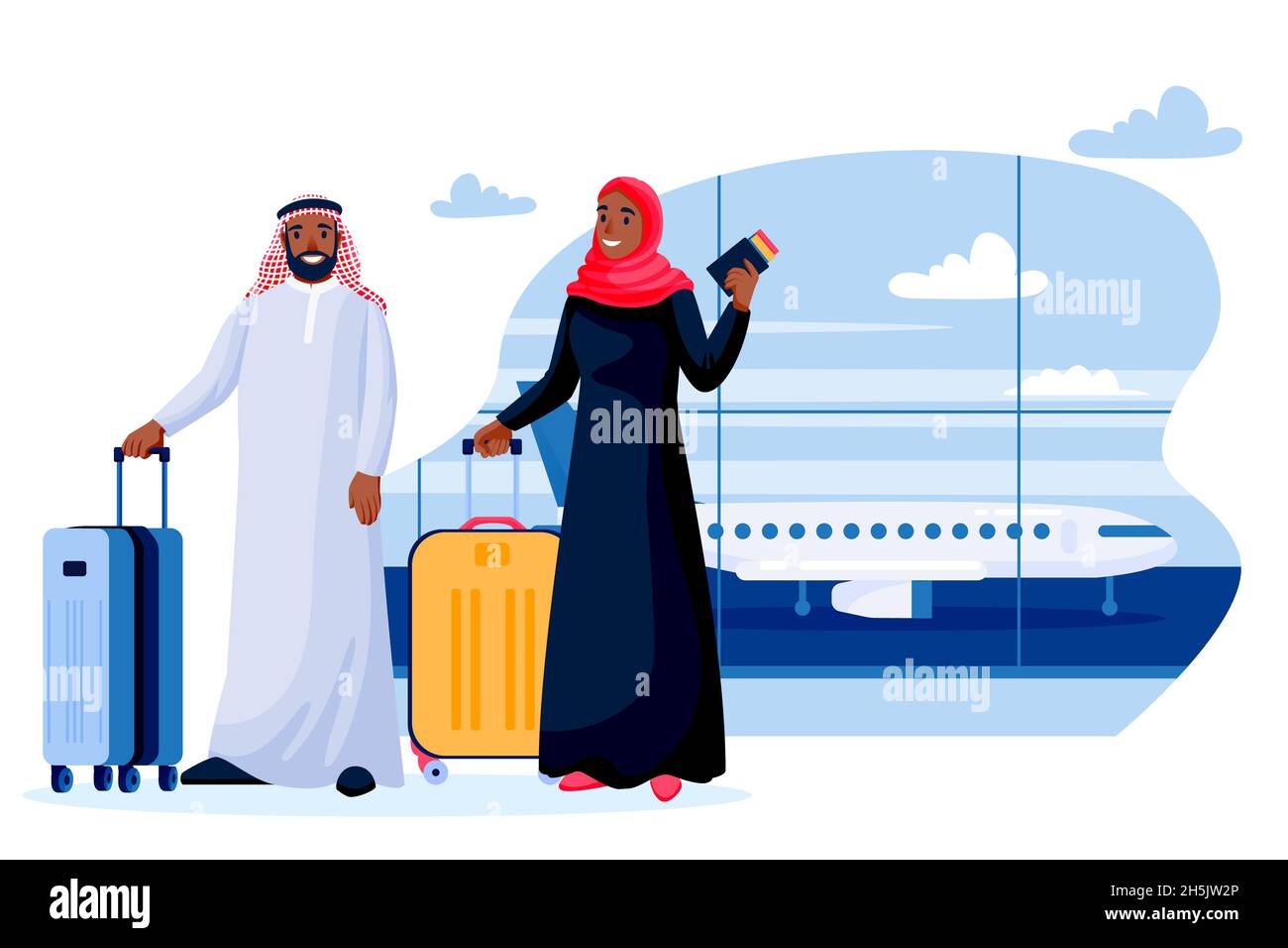 Hombre y mujer árabe viajando con equipaje. Árabe musulmana joven pareja feliz con ropa tradicional en la terminal del aeropuerto. Dibujos animados vectoriales planos Ilustración del Vector