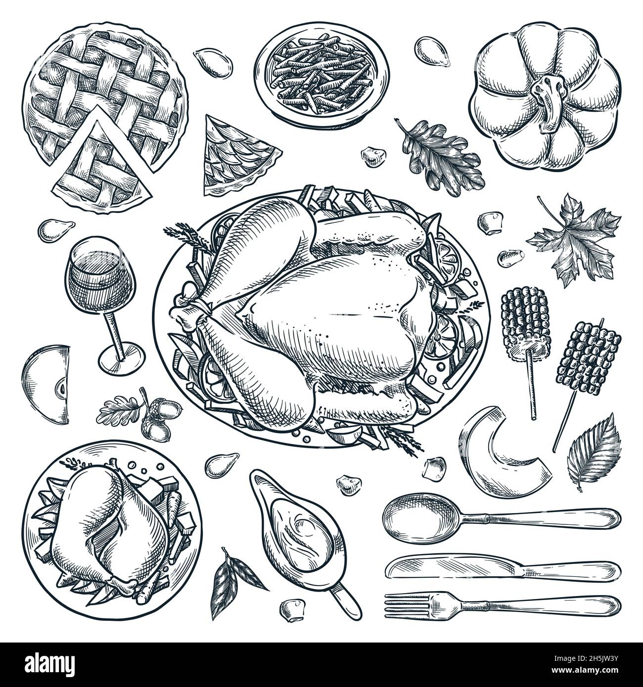 Los platos de las vacaciones de Acción de Gracias son una ilustración con vista superior vectorial. Elementos de diseño de menú de croquis dibujados a mano, aislados sobre fondo blanco. Hecho en casa tradicional Ilustración del Vector