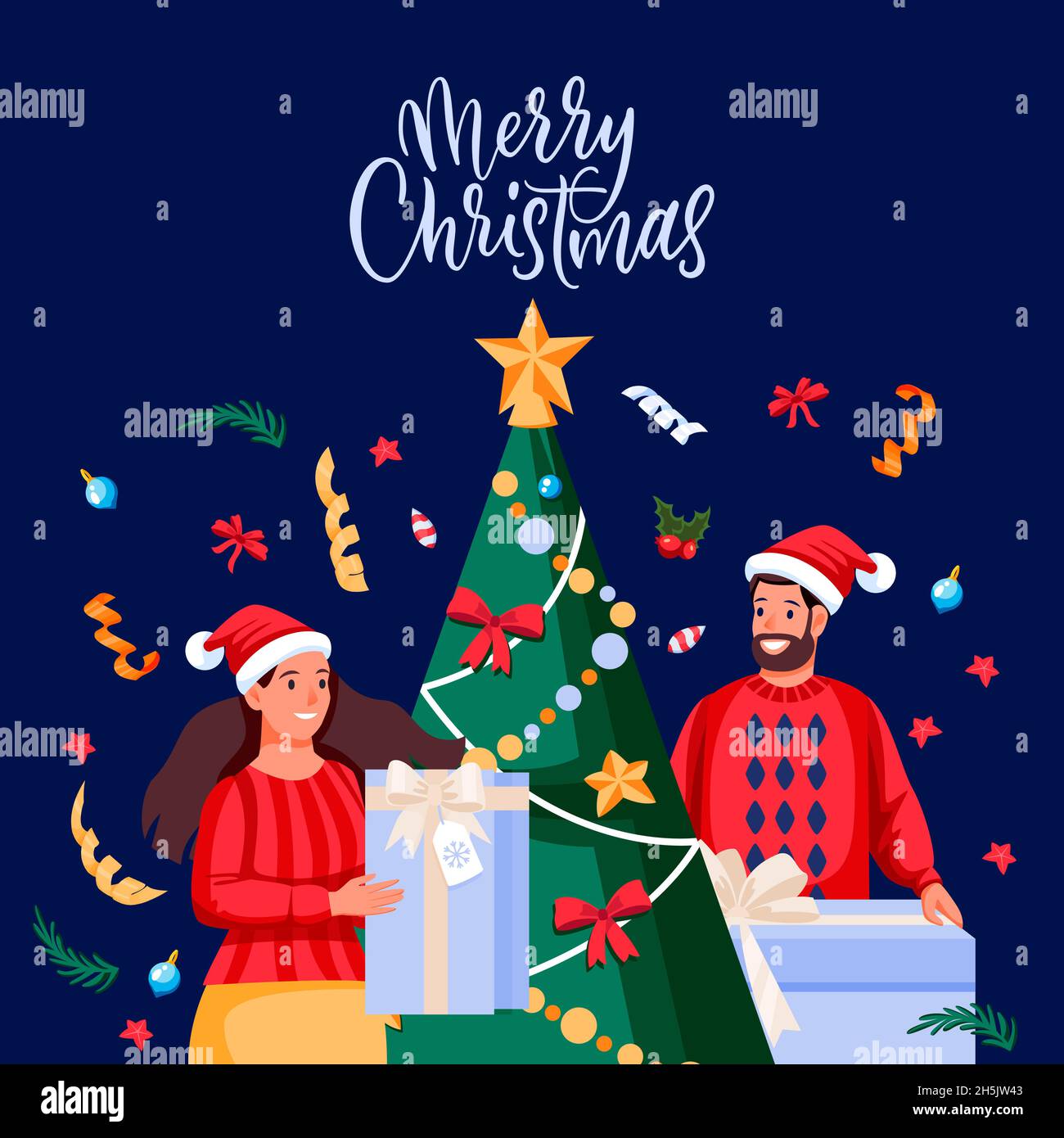 Hombre y mujer con trajes de fiesta con regalos cerca del árbol de Navidad. Feliz familia preparándose para la celebración de Año Nuevo. Vector plano de dibujos animados joven pareja cha Ilustración del Vector