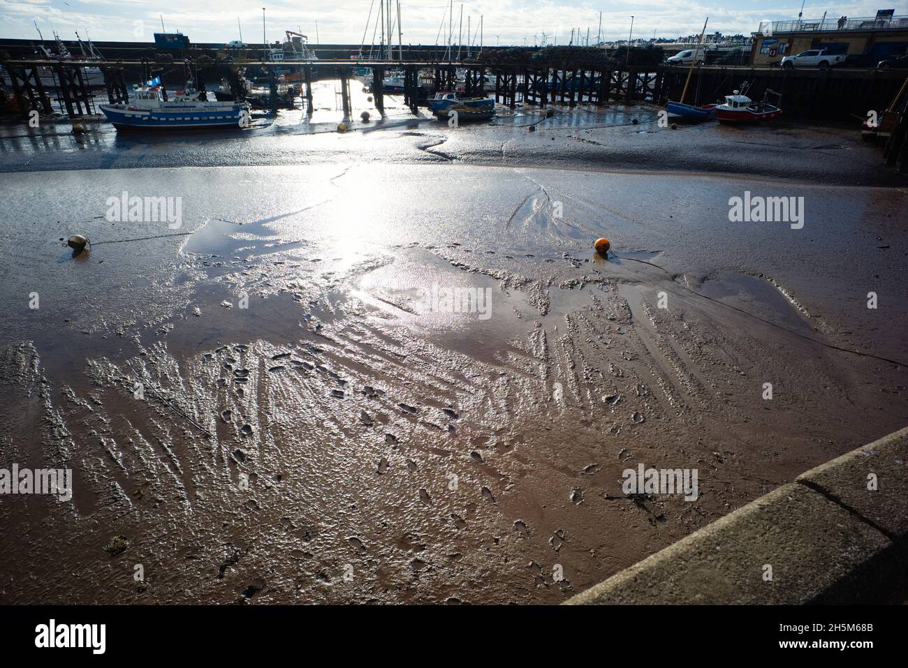 Bridlington puerto en marea baja con huellas en el barro Foto de stock