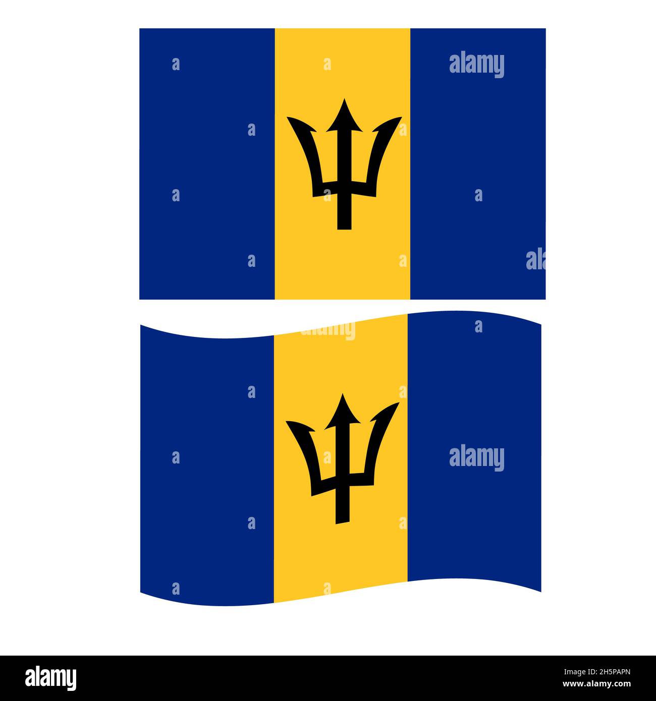 Bandera de Barbados sobre fondo blanco. Bandera nacional de Barbados. Bandera ondeando de Barbados. Foto de stock