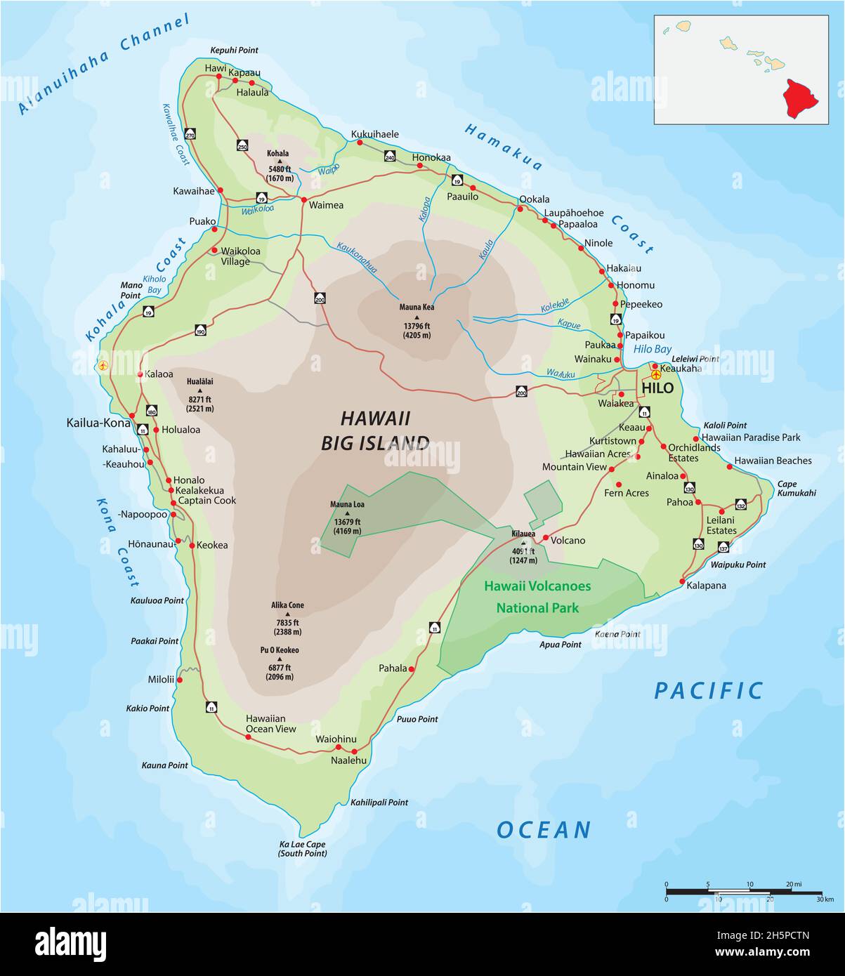 Mapa de carreteras de la isla hawaiana más grande, Big Island, Hawaii Ilustración del Vector