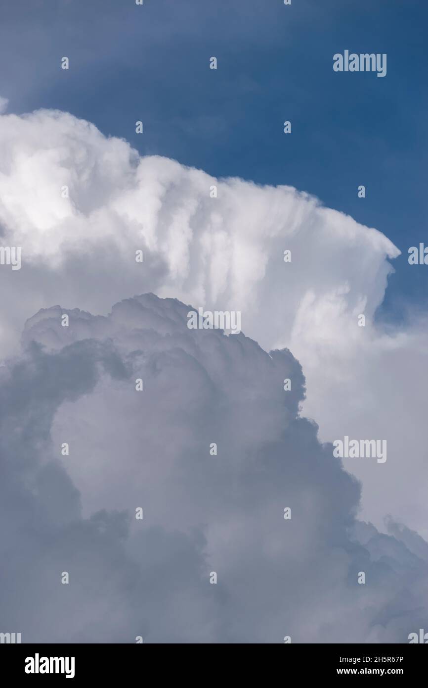 Mezcla de nubes cúmulas grises y blancas que cambian de forma y se mueven rápidamente contra un cielo azul soleado. Clima primaveral en Queensland, Australia. Espacio de copia. Foto de stock