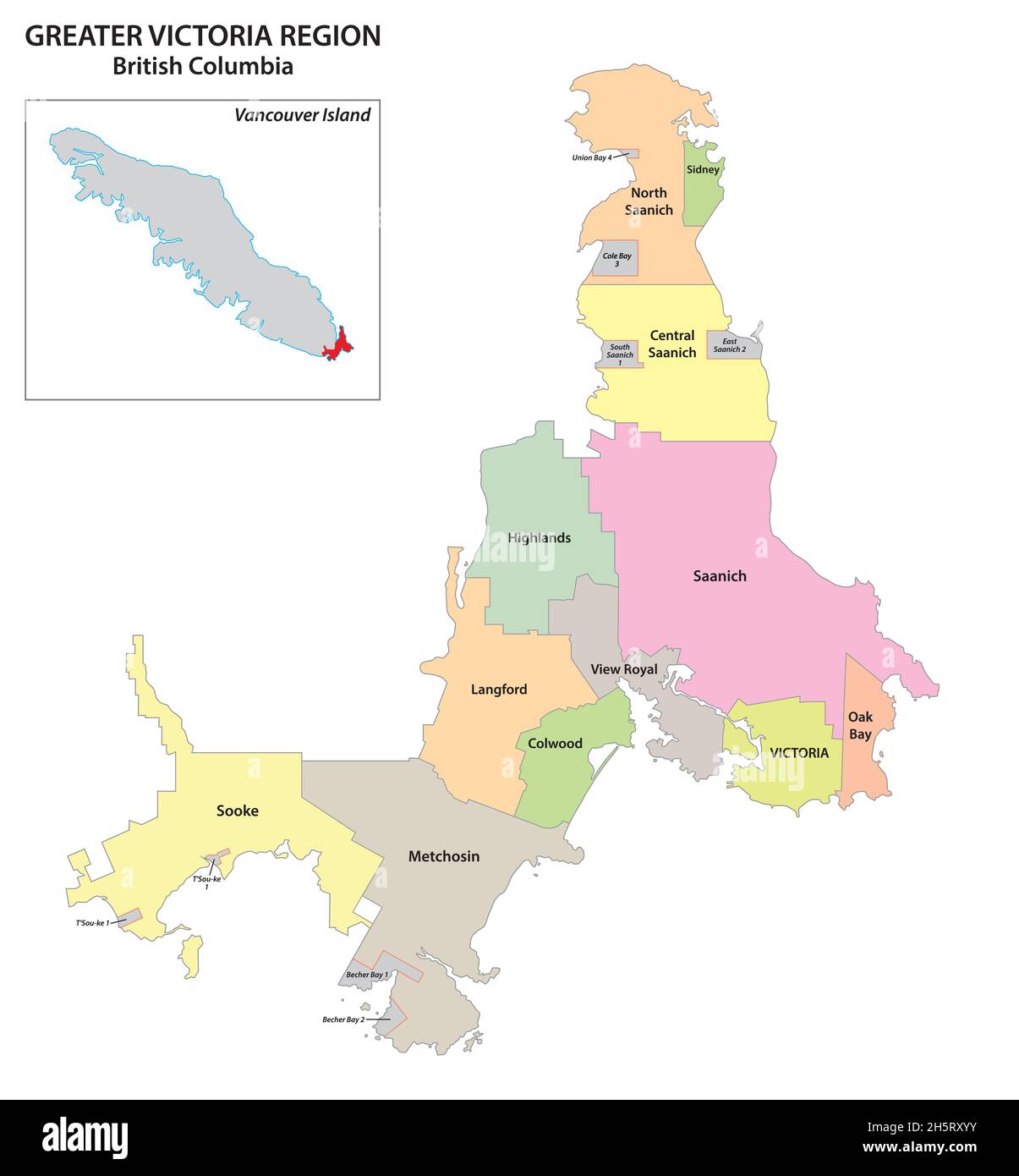 Mapa administrativo de la región de Victoria, Isla de Vancouver, Columbia Británica, Canadá Ilustración del Vector