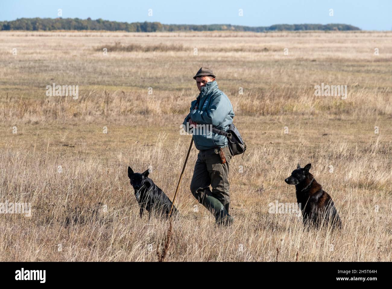 Un pastor y sus dos perros en el puszta, Parque Nacional de Hortobagy, Hungría Foto de stock