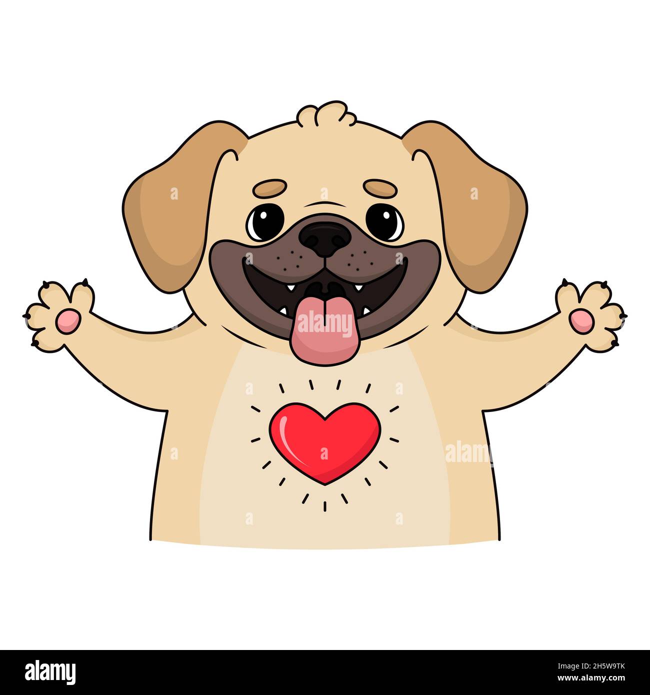 Ilustración de un hermoso fawn Puggle que le da un cálido abrazo de bienvenida con un gran corazón rojo que muestra su amor por usted. Foto de stock