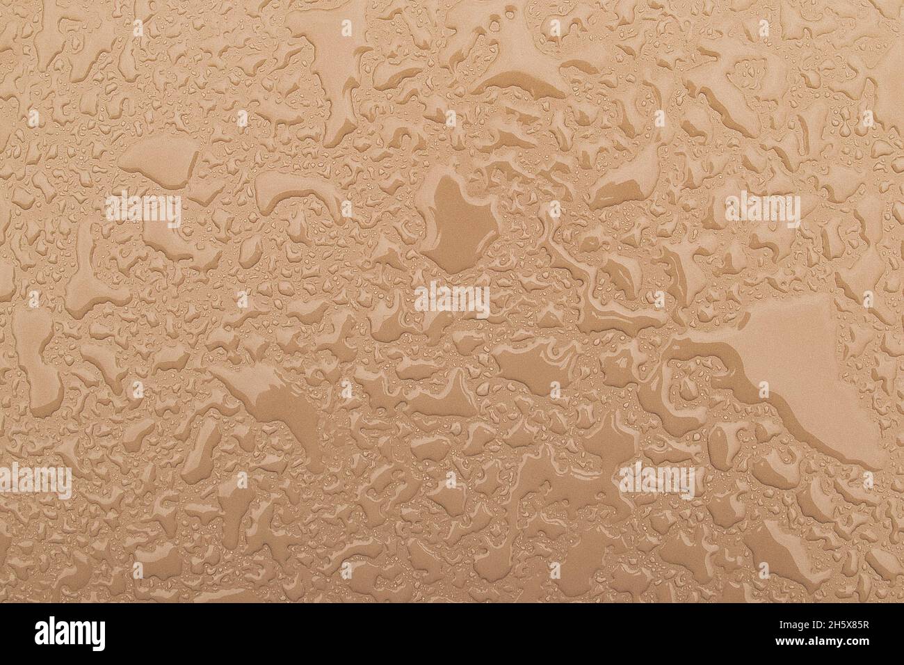 Gotas de agua irregulares en una superficie de metal brillante color beige y arena Foto de stock