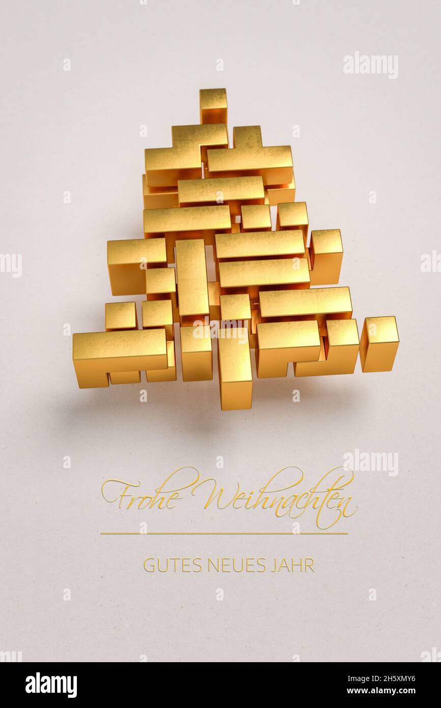 Árbol de Navidad hecho de bloques de estilo tetris dorado sobre un fondo de papel. Mensaje Alemán 'Frohe Weihnachten / Gutes neues Jahr' (Feliz Navidad / Ha Foto de stock