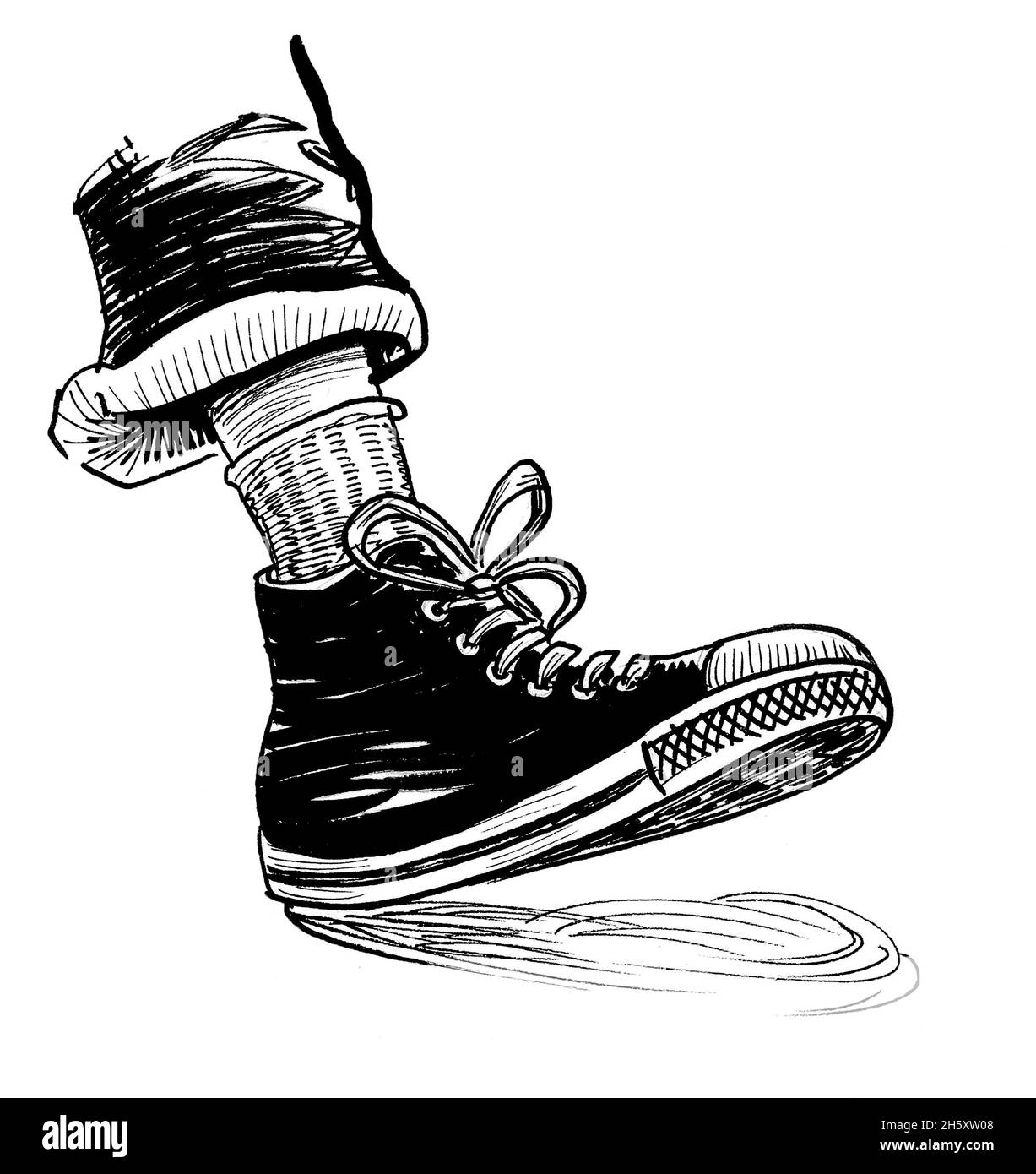 Mano en el zapato deportivo. Tinta dibujo en blanco y negro Fotografía de  stock - Alamy