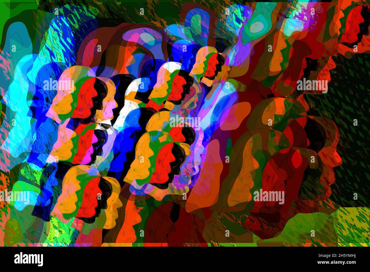 Concepto de multitud de arte abstracto. Muchas caras coloreadas en una muchedumbre. Foto de stock