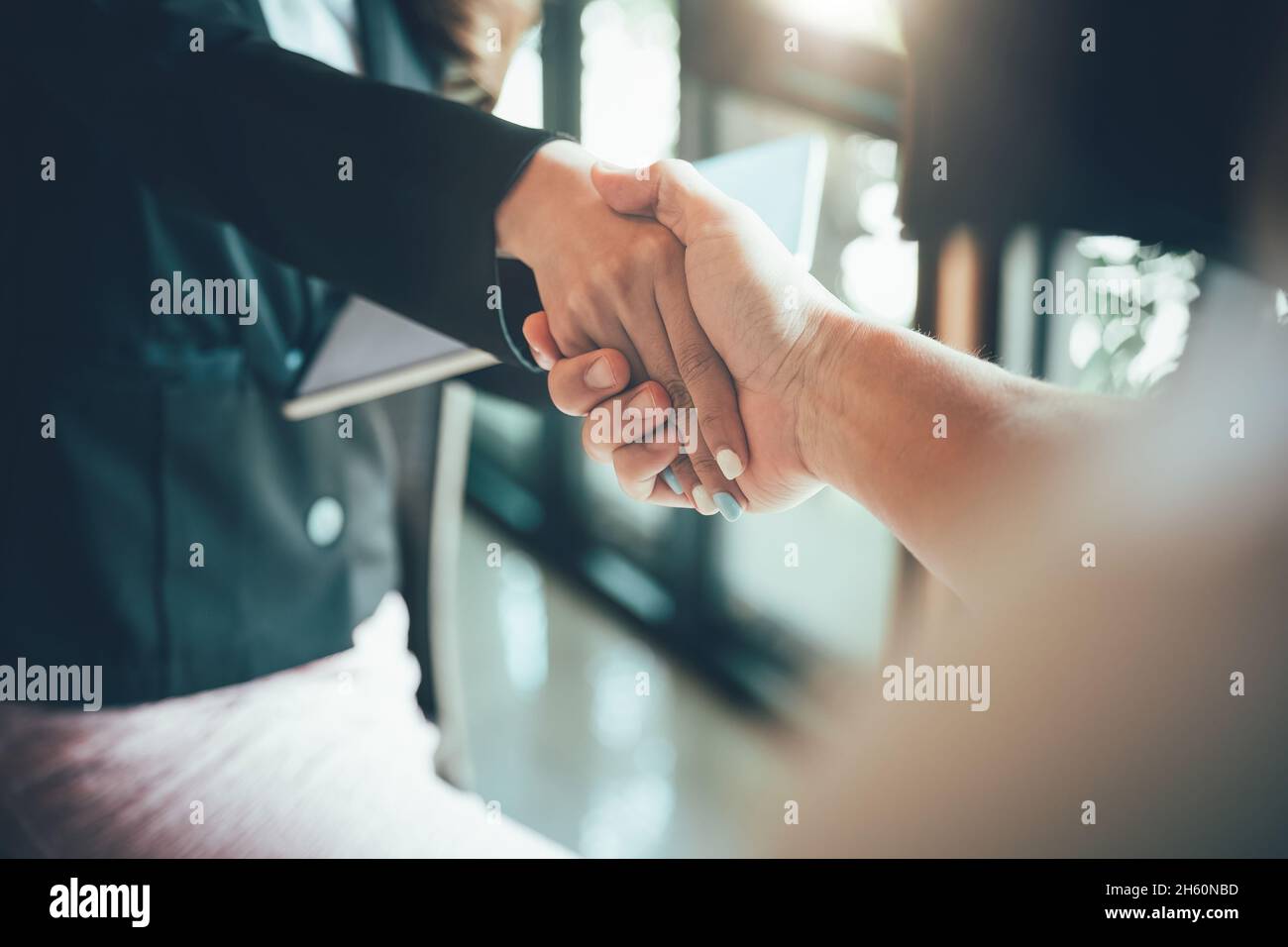 dos hombres de negocios se estrechan las manos como hola en la oficina closeup. Bienvenida a un amigo, introducción, gesto de bienvenida o agradecimiento, anuncio de productos, asociación Foto de stock