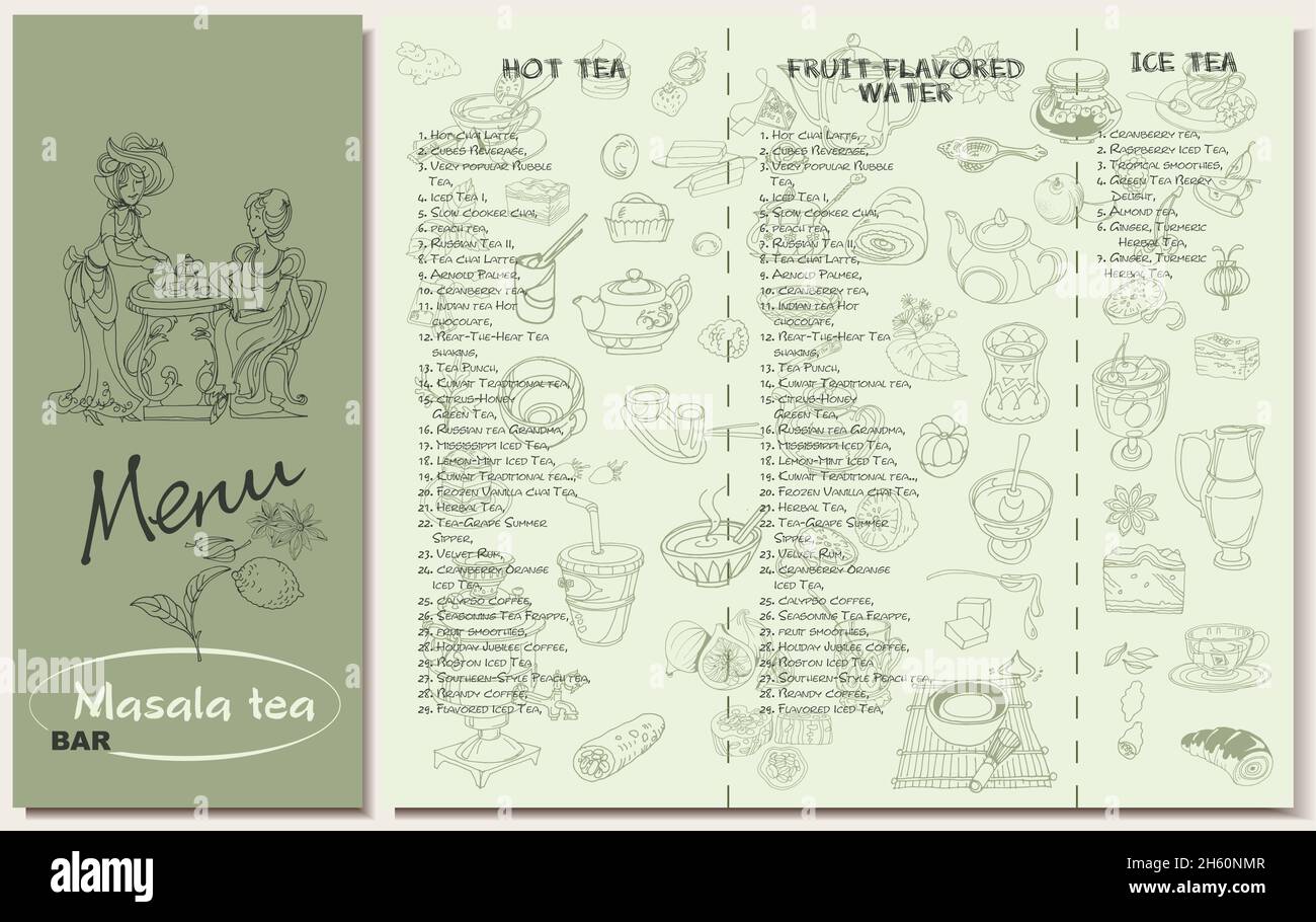 Plantilla de menú de restaurante de té con frutas calientes con sabor a hielo clases y especias utensilio postres bocetos elementos vector ilustración Ilustración del Vector