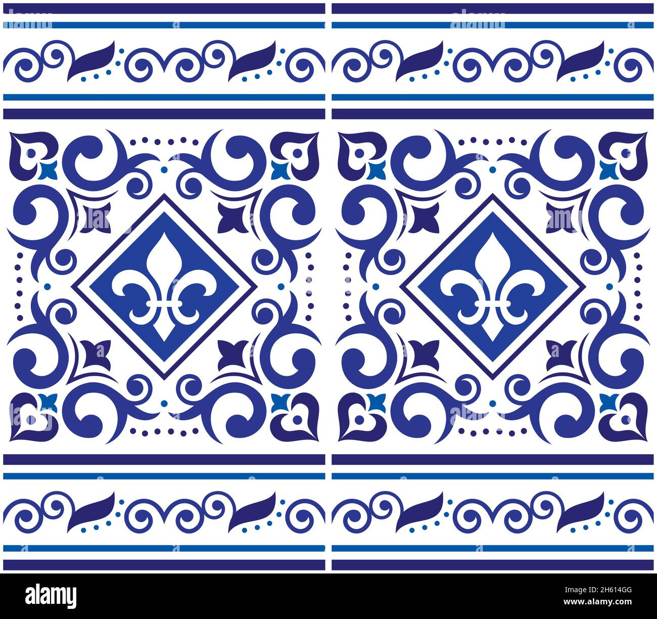 Azulejo azulejos sin costuras patrón vectorial con marco o borde - Lisboa estilo decorativo, fleur de lis diseño inspirado en el arte de Portugal Ilustración del Vector