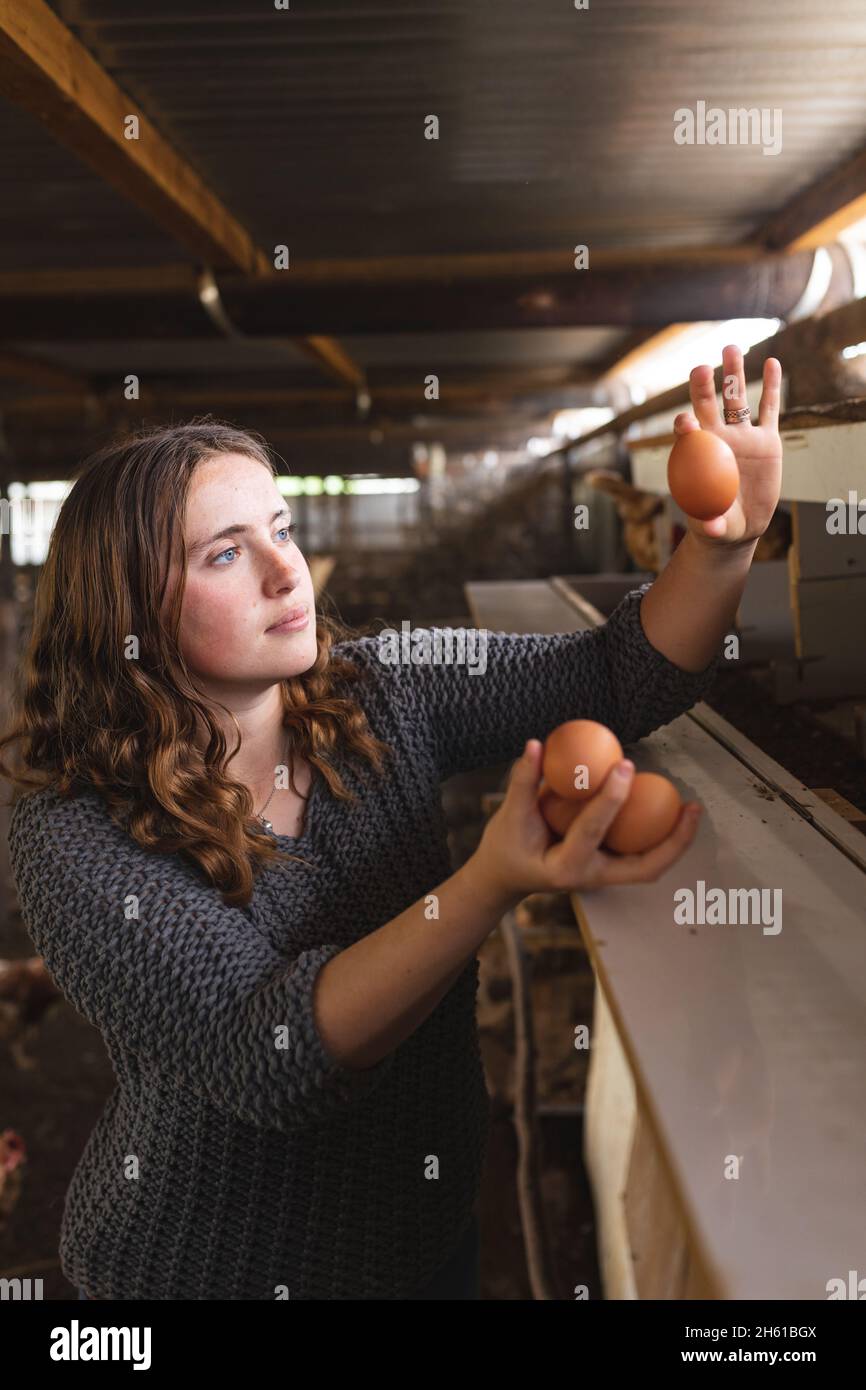 Mujer joven mirando el huevo marrón mientras se encuentra junto a un bolígrafo de madera en una granja orgánica Foto de stock