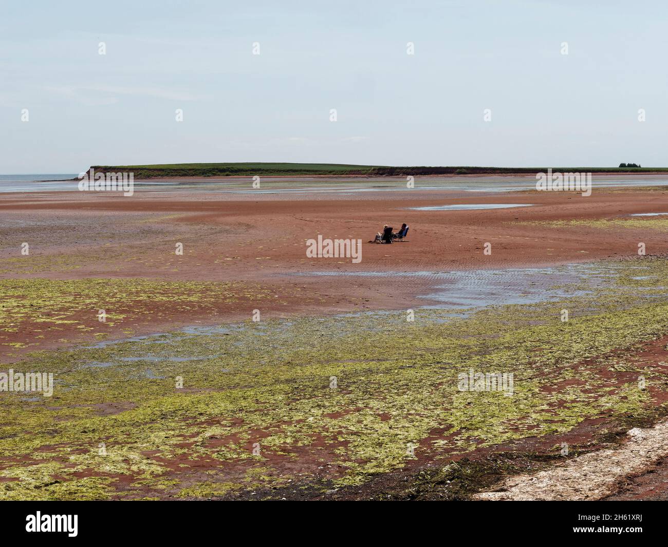 'down east', canadá, pareja en sillas en la playa en marea baja, isla del príncipe edward, pueblo de victoria por el mar, agua Foto de stock