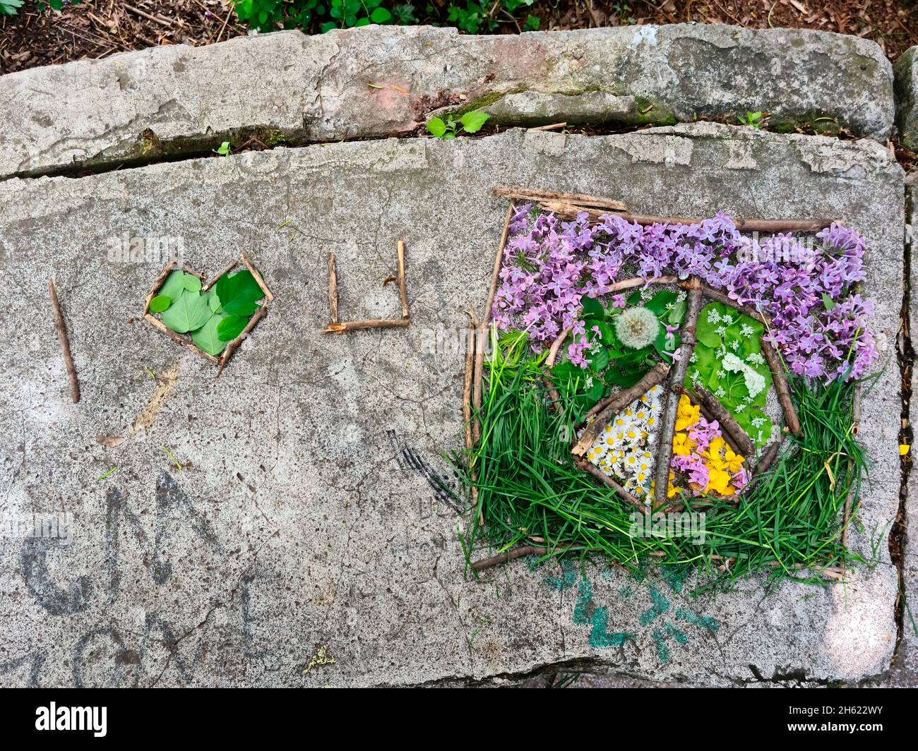 símbolo de paz hecho de flores y madera Foto de stock
