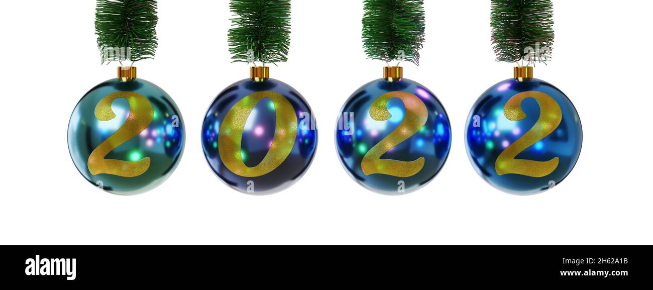 Bolas de Navidad con el número 2022 aisladas sobre fondo blanco. Concepto de año nuevo. ilustración 3d. Foto de stock