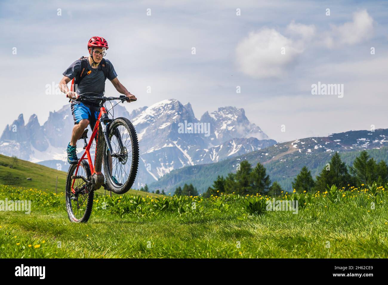 rueda con e-bike en un campo verde con pale di san martino montaña en el fondo, dolomitas, fuciade, soraga di fassa, trento, italia Foto de stock