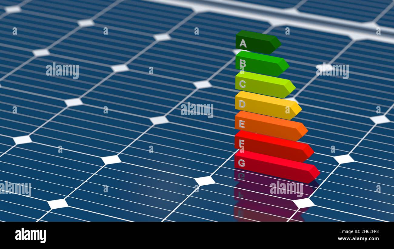 Panel solar con etiqueta energética. Primer plano. ilustración 3d. Foto de stock