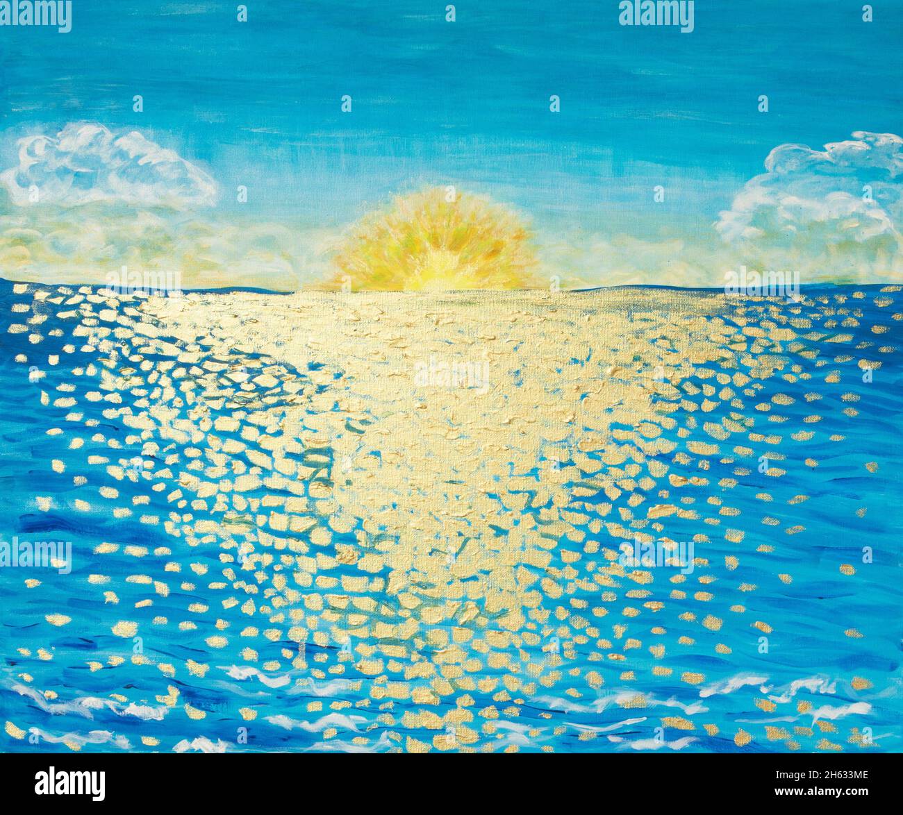 La Iglesia consumo Vacunar Seascape - reflejo dorado del sol sobre el agua del mar. El cuadro está  pintado en mi propio estilo llamado arte dorado. El arte dorado del estilo  es el uso de pinturas