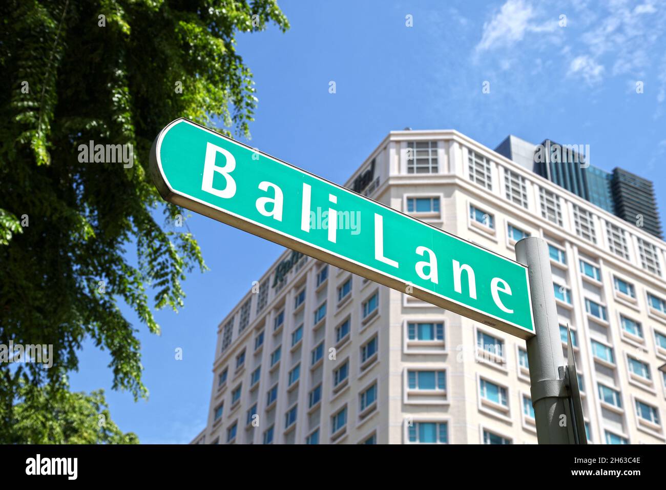 Un cartel con el nombre de la calle para Bali Lane con el Hospital Raffles en el fondo en el distrito Bugis de Singapur. Foto de stock