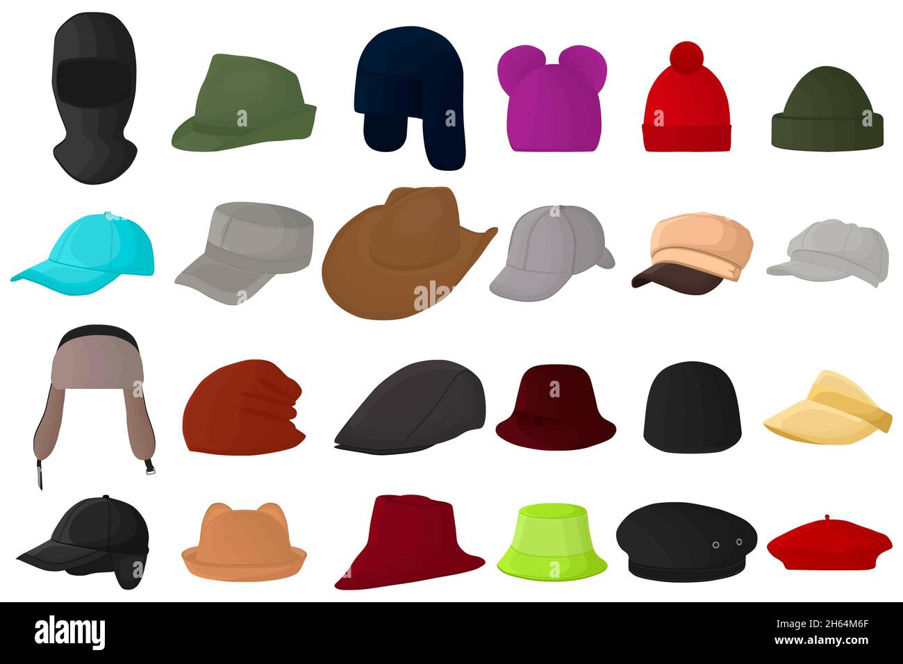 Ilustración sobre el tema kit grande diferentes tipos sombreros, gorros  hermosos en fondo blanco. Patrón de gorras que consta de colección de  varios sombreros para llevar Imagen Vector de stock - Alamy