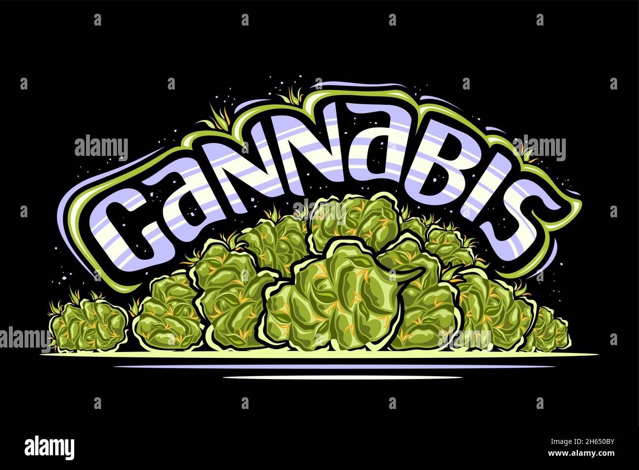 Logotipo de Vector para Cannabis, póster horizontal con ilustración de brotes de cannabis onza y dibujos animados aislados de la flor de marihuana seca, pincel único letteri Ilustración del Vector