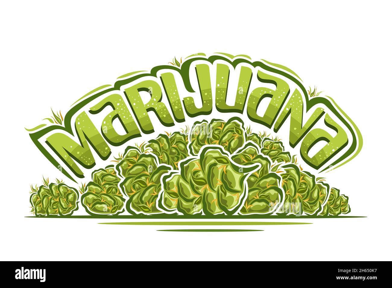 Logotipo de Vector para Marihuana, póster horizontal con ilustración de brotes de marihuana onza y dibujos animados aislados flores de cannabis seca, única letra de pincel Ilustración del Vector