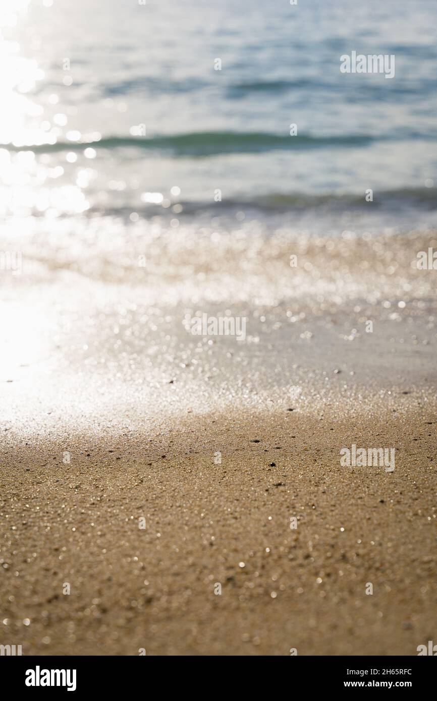 Profundidad de campo poco profunda en la arena junto a la costa del mar con reflejo del sol. Concepto de fondo abstracto Foto de stock