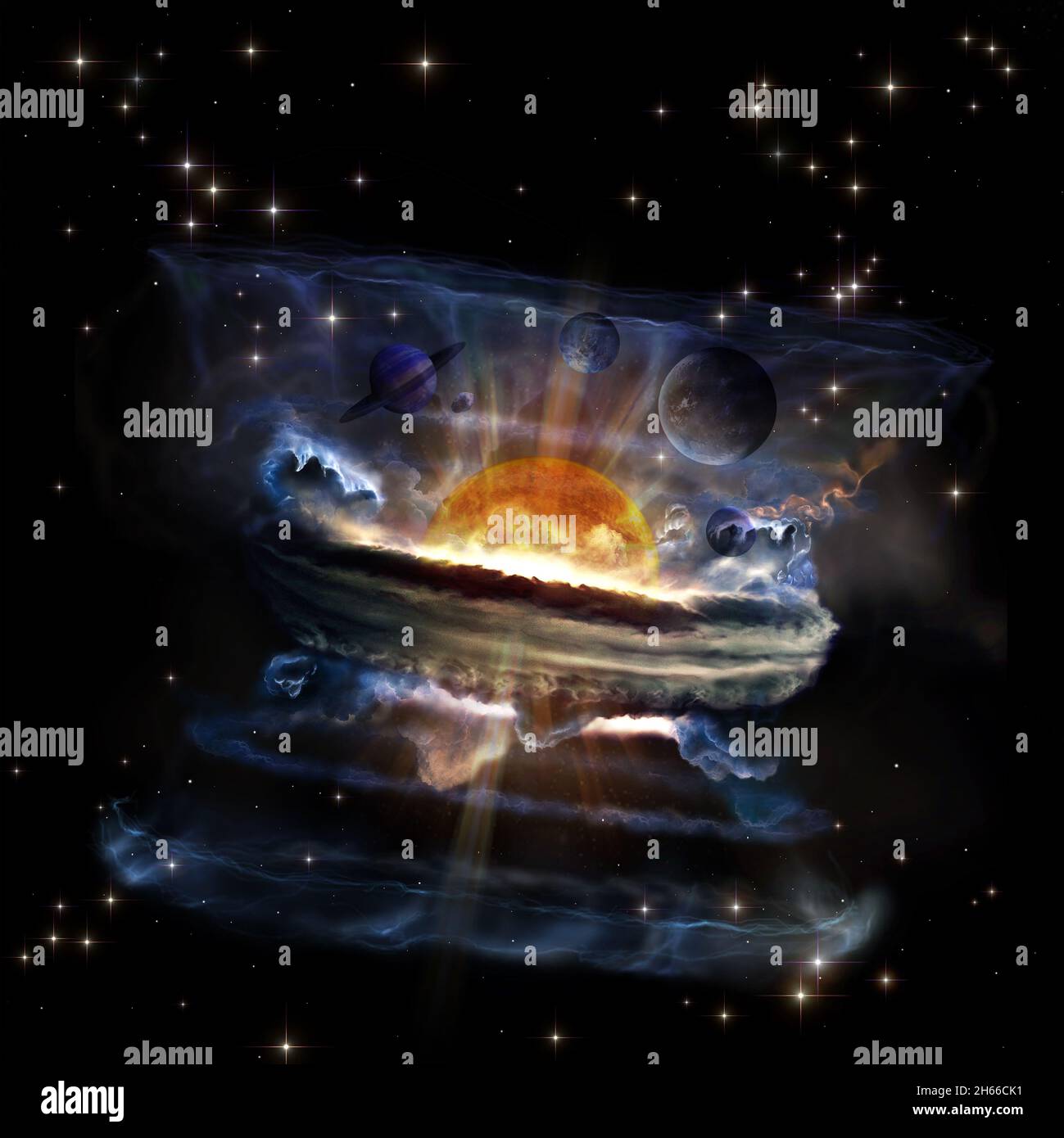 Collage de ciencia ficción de un sistema planetario extraterrestre dentro del agujero negro. Grupo de planetas y la parte del sol y espejo del sistema. Los elementos de esta imagen se envan Foto de stock