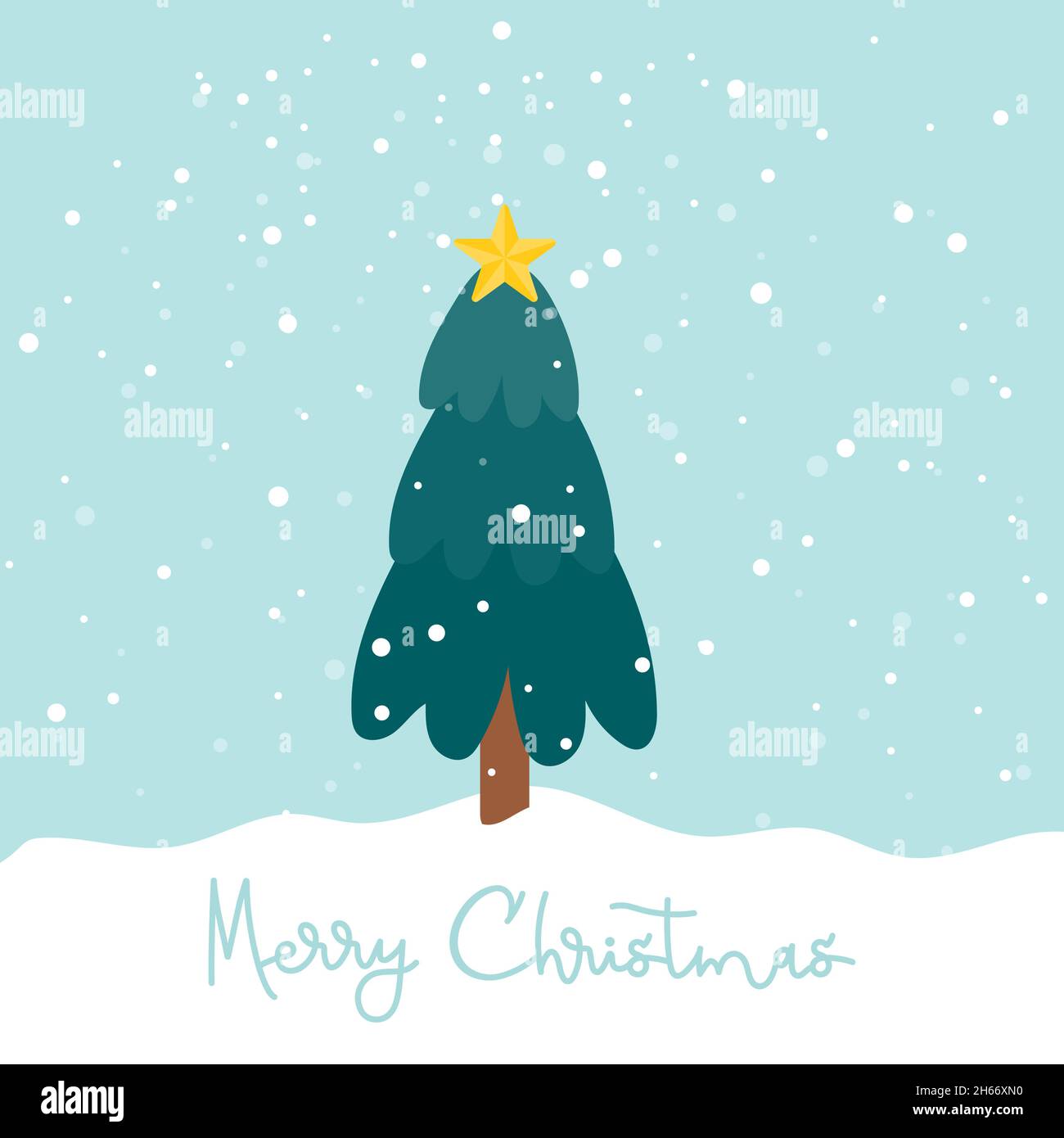 Feliz Navidad. Árbol de Navidad con estrella en la nieve. Al aire libre. Ilustración vectorial, diseño plano Ilustración del Vector