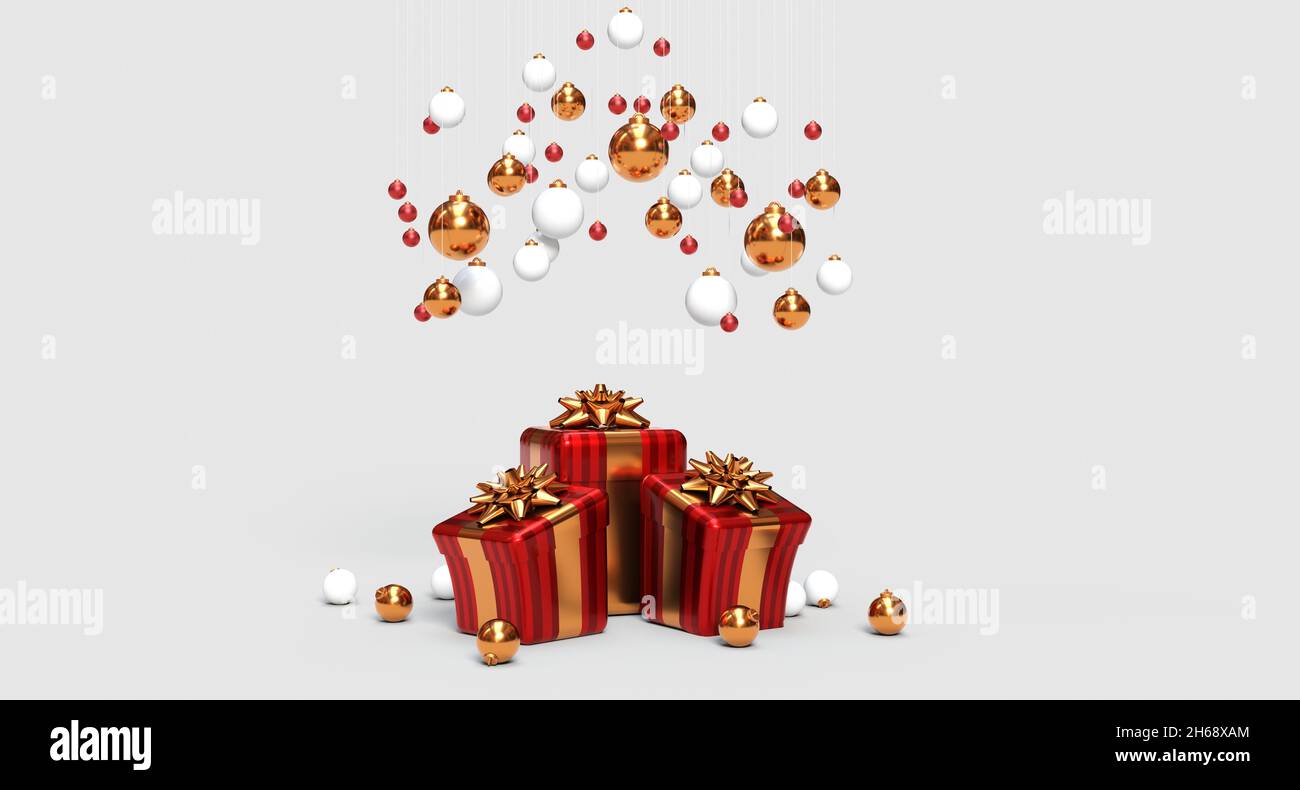 Regalos de navidad sobre fondo gris - 3D renderizado Foto de stock