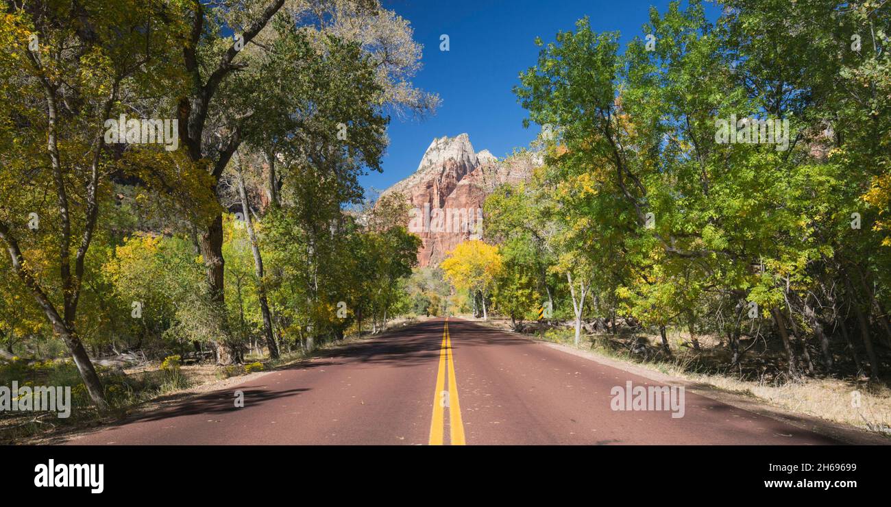 Parque Nacional Zion, Utah, Estados Unidos. Vista panorámica a lo largo de Zion Canyon Scenic Drive hasta los altos acantilados del Monte Majestic y Cathedral Mountain, otoño. Foto de stock
