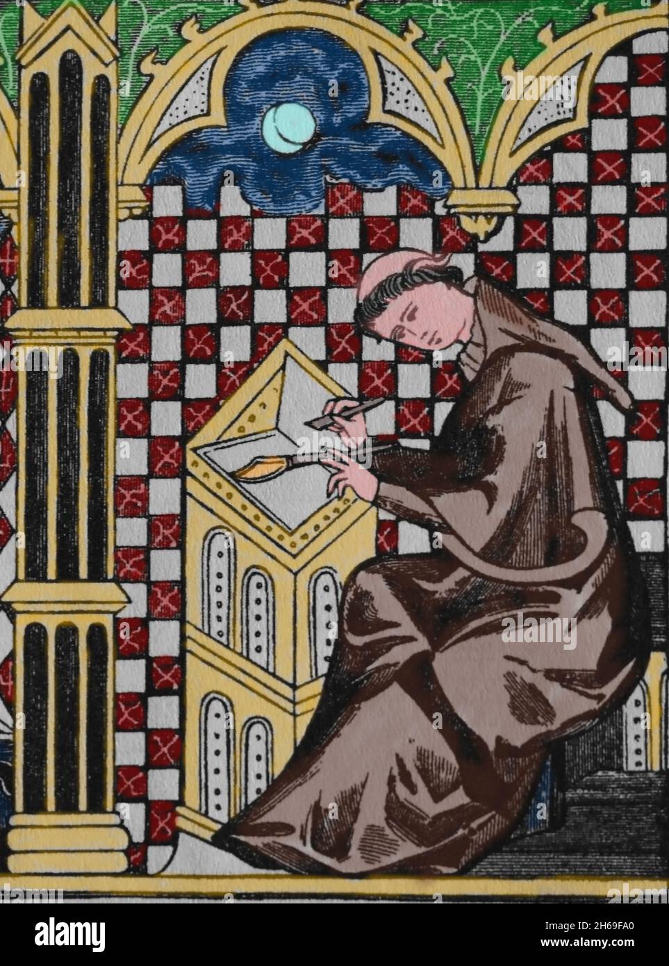 Matemáticos medievales. Monje copiando un manuscrito. Grabado después de una miniatura en el siglo 13th. Foto de stock