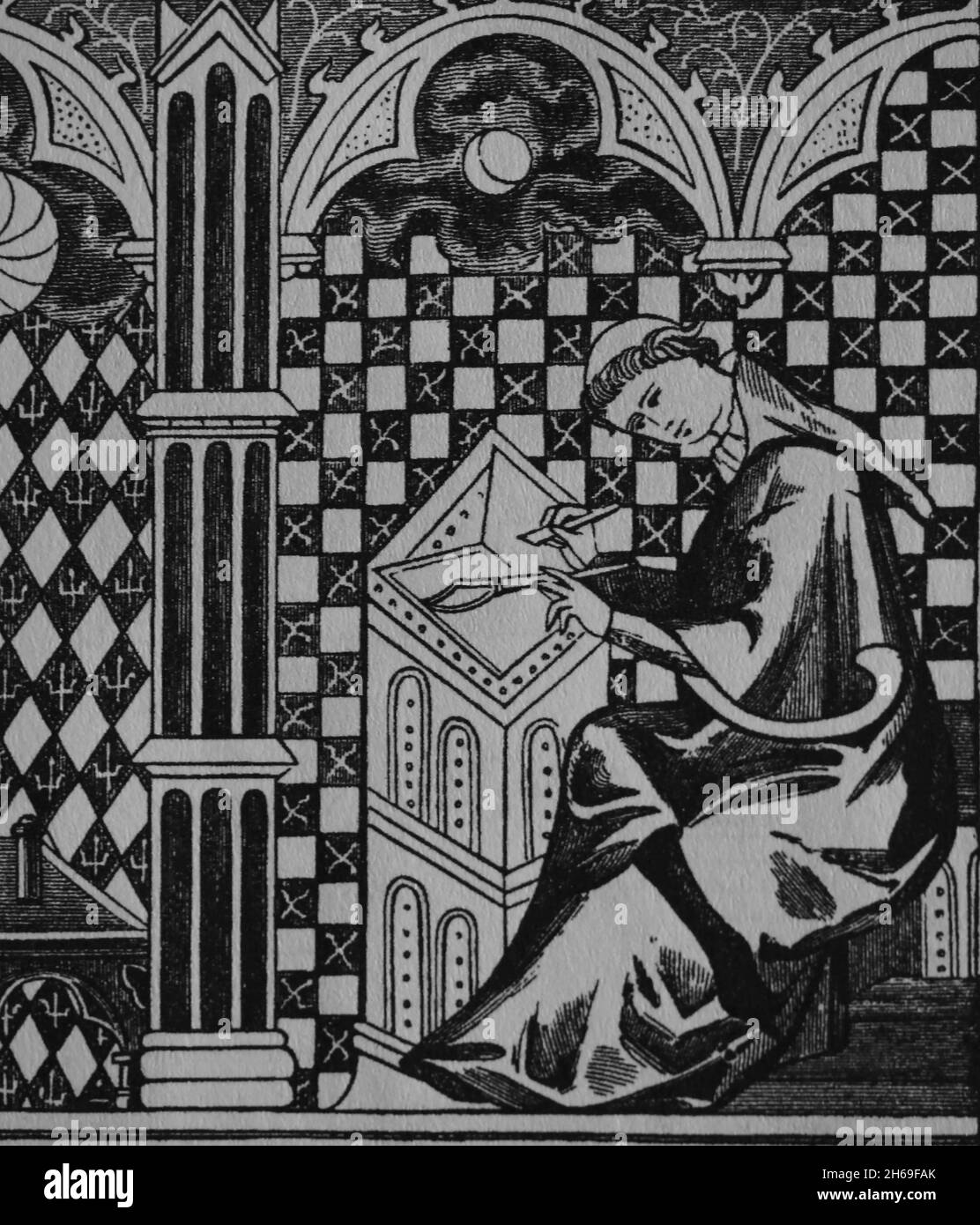 Matemáticos medievales. Monje copiando un manuscrito. Grabado después de una miniatura en el siglo 13th. Foto de stock
