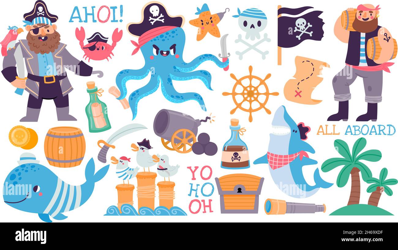 Capitán y marinero pirata de dibujos animados, cráneo, cofre del tesoro y mapa. Isla de aventura, tiburón, pulpo, bandera y ron. Niños piratas vector conjunto Ilustración del Vector