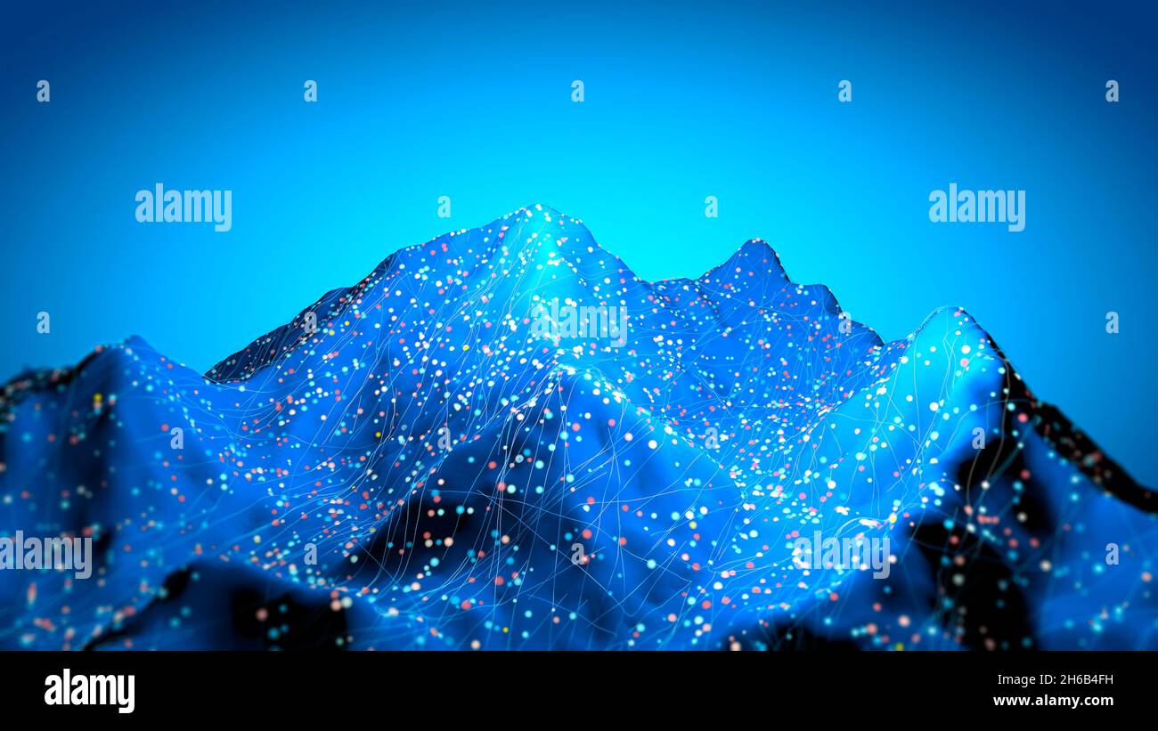 Vista satelital del Monte Everest, Lhotse I, Nuptse, montañas del Himalaya. Sección, HUD, holograma del terreno y morfología. Holográfica y digital Foto de stock