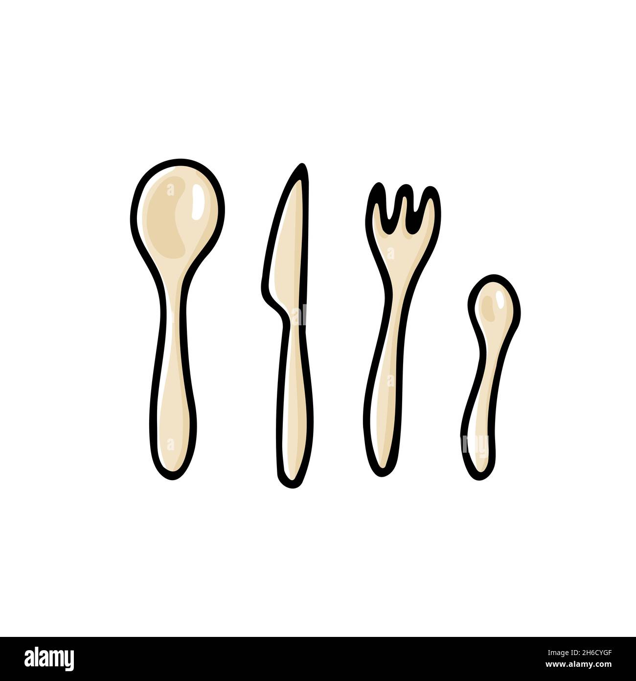 Juego de cubiertos de vector de fideos. Cuchara de color, tenedor, cuchillo  aislado sobre fondo blanco. Utensilios de cocina acogedores, bonitos  utensilios de cocina, platos para la cena, almuerzo. H Imagen Vector