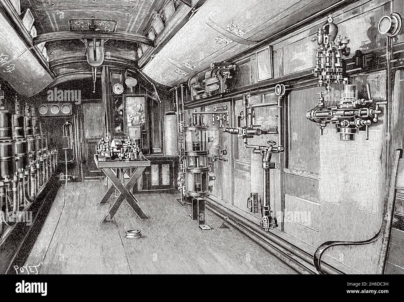 Interior del tren de coches de la escuela americana, Estados Unidos. Antigua ilustración del siglo 19th grabada de La Nature 1897 Foto de stock