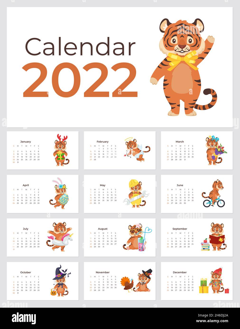 Calendario Tiger 2022. Plantilla imprimible de Año Nuevo Chino. Dibujos  animados animales fecha mes día festivo diseño vectorial Imagen Vector de  stock - Alamy