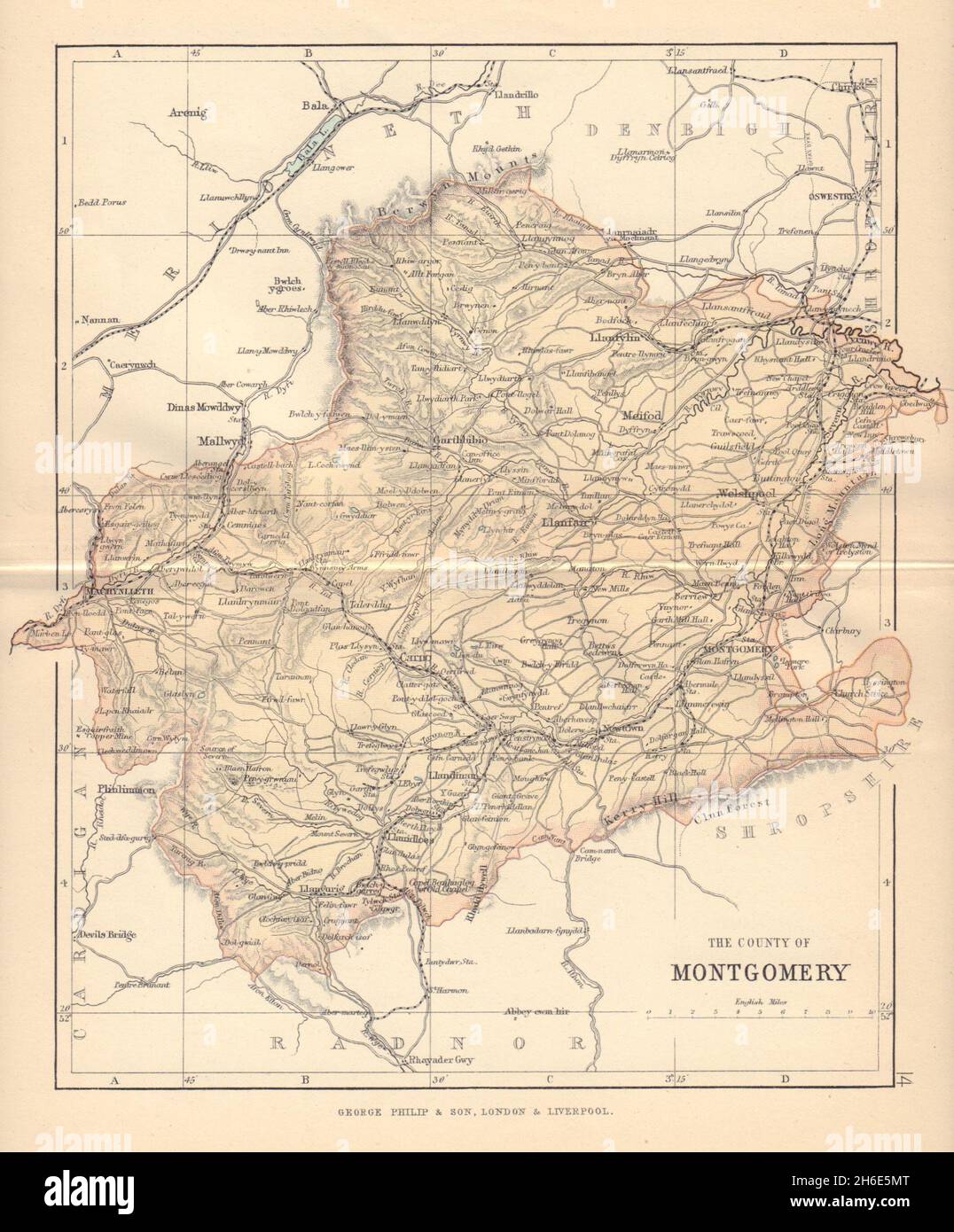 MONTGOMERYSHIRE 'Condado de Montgomery' Welshpool Wales BARTHOLOMEW 1885 MAP Foto de stock