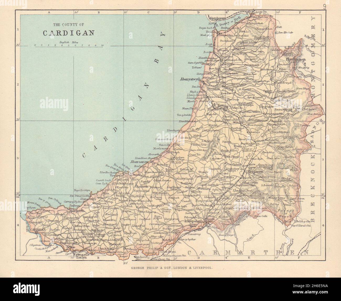 CARDIGANSHIRE 'El Condado de Cardigan' Aberystwyth Wales BARTHOLOMEW 1890 MAP Foto de stock