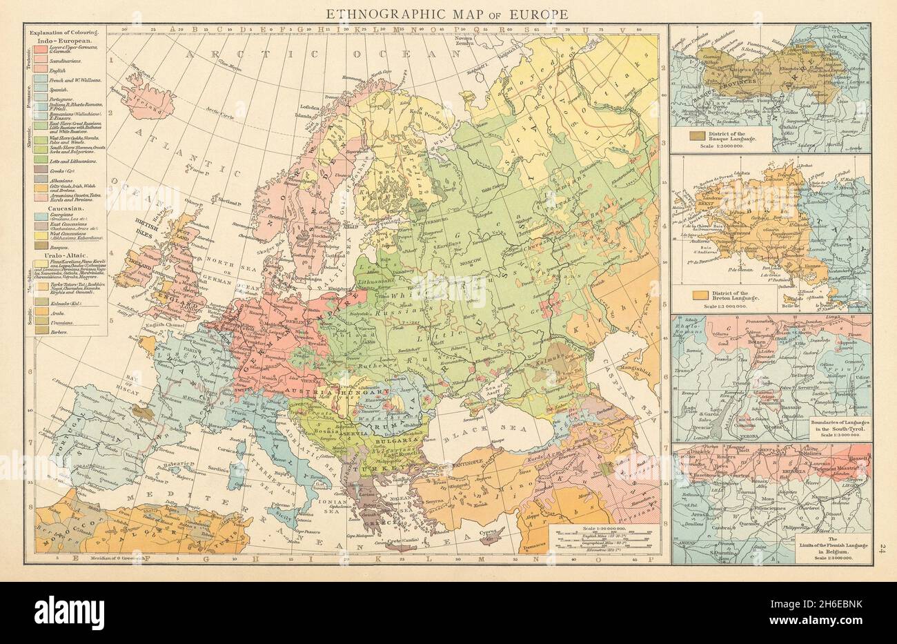 Mapa etnográfico de Europa. Bretón Vasco Flamenco Sudtyrol Idiomas. VECES 1895 Foto de stock
