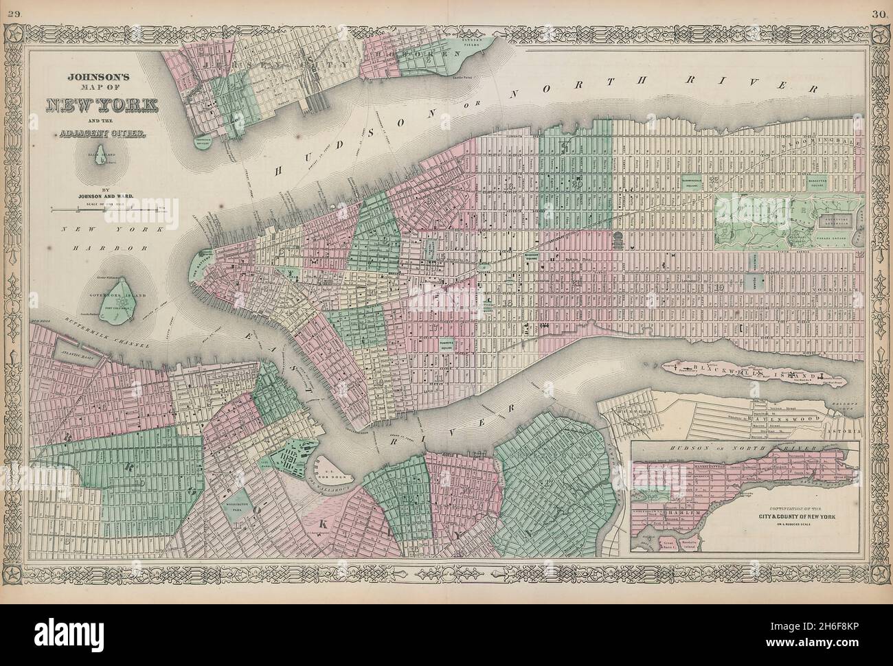 Johnson's New York y ciudades adyacentes. Mapa de Brooklyn Manhattan Jersey City 1865 Foto de stock