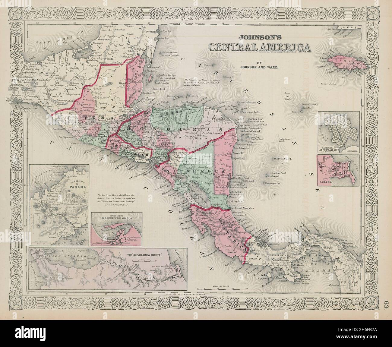 América Central de Johnson. Guatemala Honduras Nicaragua Costa Rica 1865 MAP Foto de stock