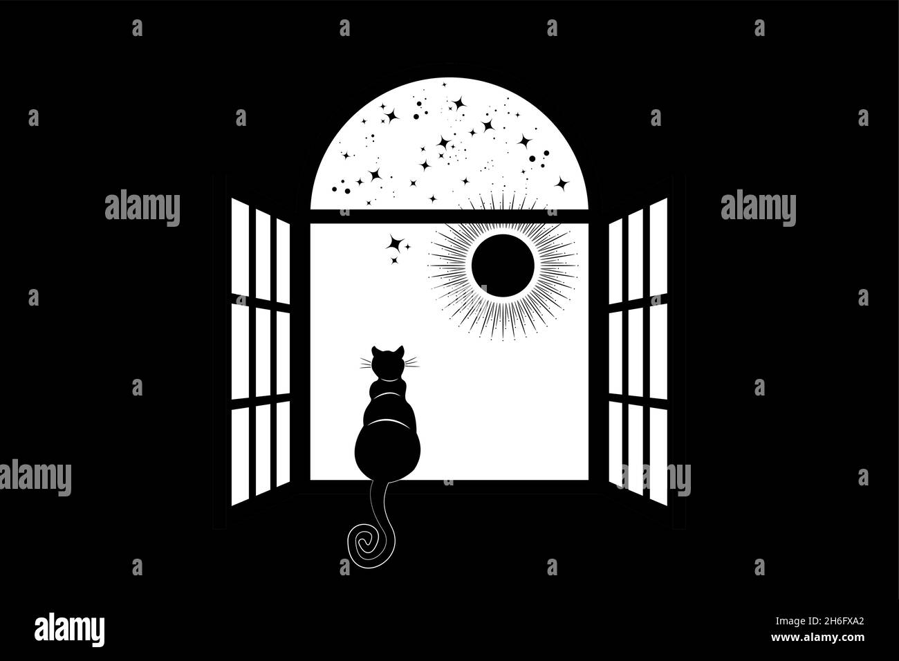 Gato Negro sentado en la ventana a mirar el cielo y el sol, estrellas, ilustración vectorial sobre fondo negro Ilustración del Vector