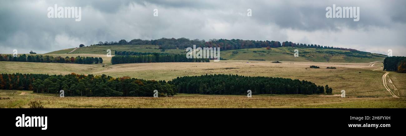 Vista panorámica panorámica panorámica del paisaje de la colina de Sidbury con campos abiertos, prados y varias líneas de bosques copes bajo las nubes oscuras enojadas, Tidworth Wiltsh Foto de stock