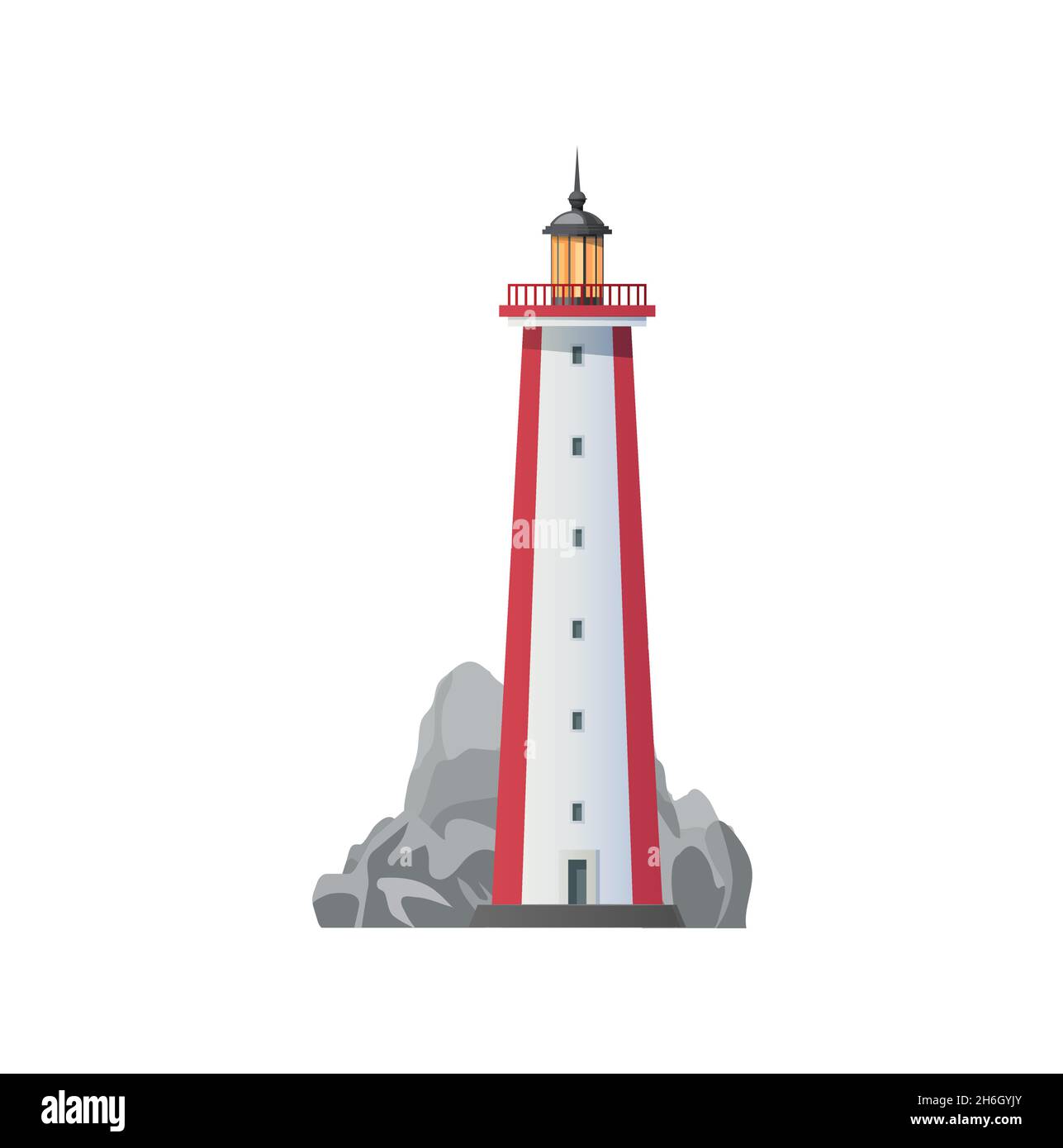 Icono del vector del faro del mar, faro de la costa torre de baliza. Faro de faro en roca del acantilado para la navegación de los barcos y la navegación segura, puerto del puerto del océano Ilustración del Vector