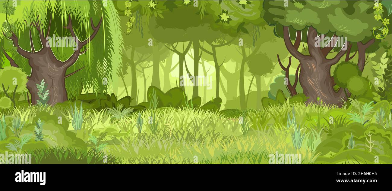 Prado de cultivo en el borde de un bosque verde de verano. Los árboles en la hierba. Estilo de dibujos animados planos. Paisaje rural con densos matorrales Ilustración del Vector